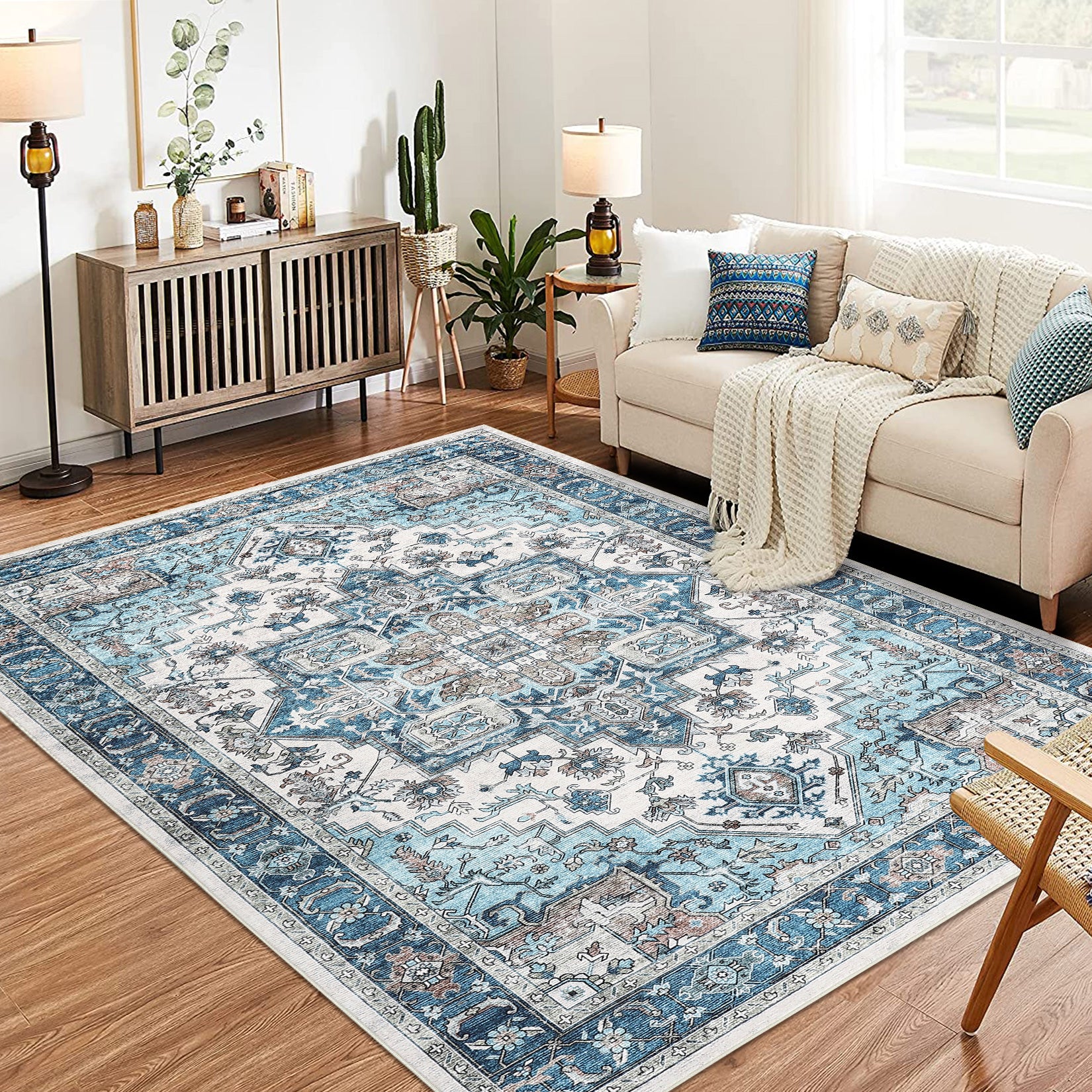 Garvee Area Rug for Living Room, 5x7 Machine Washable Vintage Rug Carpet for Bedroom Dinning Room, Distressed Area Rug Indoor Non Slip No Pile, Blue Green