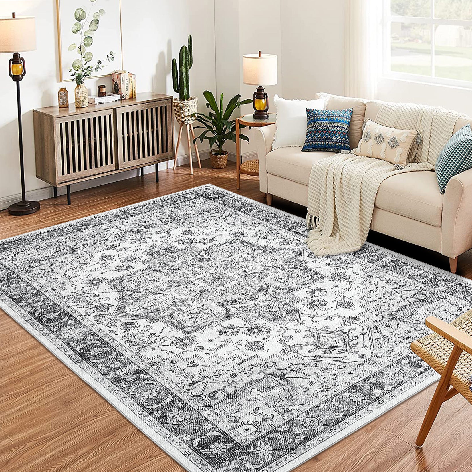 Garvee Area Rug for Living Room, 8x10 Machine Washable Vintage Rug Carpet for Bedroom Dinning Room, Distressed Area Rug Indoor Non Slip No Pile, Grey