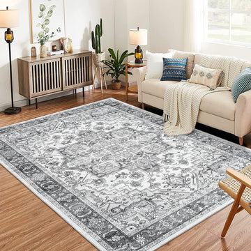 Garvee Area Rug for Living Room, 8x10 Machine Washable Vintage Rug Carpet for Bedroom Dinning Room, Distressed Area Rug Indoor Non Slip No Pile, Grey