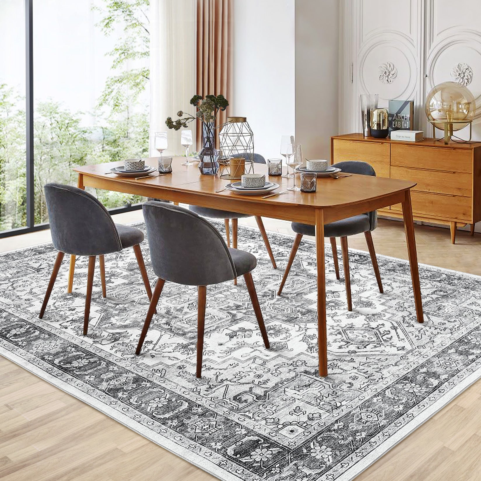 Garvee Area Rug for Living Room, 5x7 Machine Washable Vintage Rug Carpet for Bedroom Dinning Room, Distressed Area Rug Indoor Non Slip No Pile, Grey