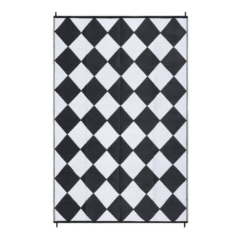 Garvee 9×12 Outdoor Rug, Waterproof Reversible Black & White Geometric Patio Rug, Lightweight PP Plastic Straw Rug with Stakes for RV, Deck, Balcony & Camping