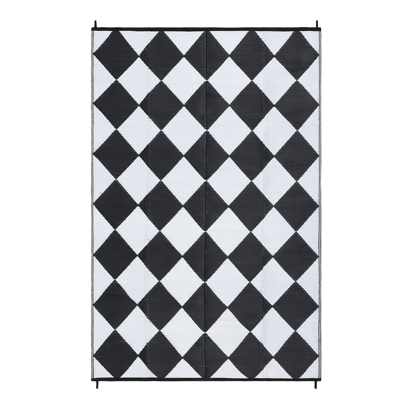 Garvee 9×12 Outdoor Rug, Waterproof Reversible Black & White Geometric Patio Rug, Lightweight PP Plastic Straw Rug with Stakes for RV, Deck, Balcony & Camping