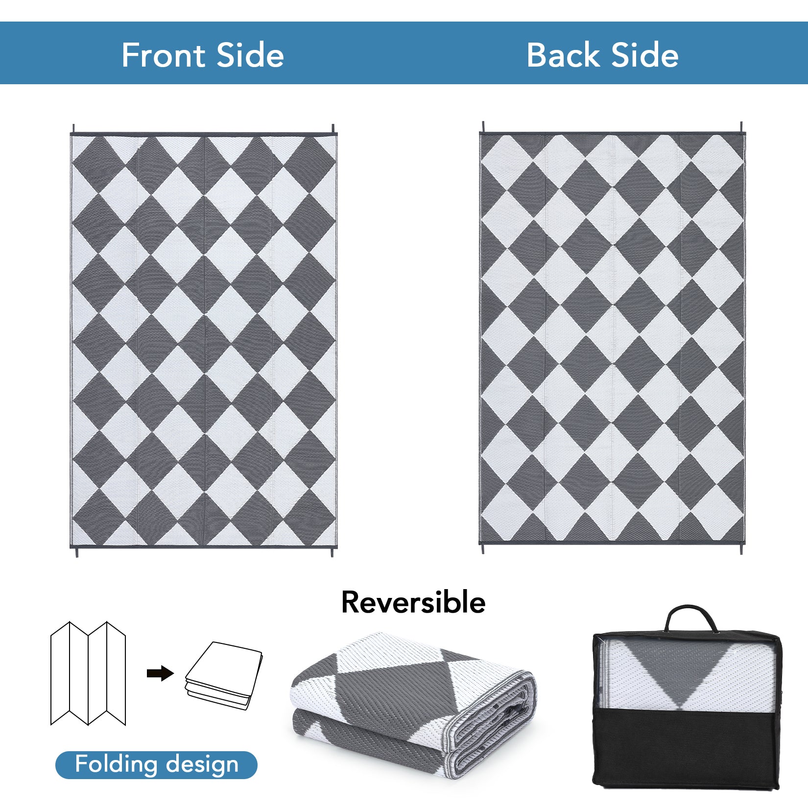 Garvee Outdoor Grey & White 5x8 Rug Outdoor Plastic Straw Rug Reversible Patio Rug Waterproof Camping Rug Portable Outdoor Mat for RV Porch Balcony Patio Camping Picnic Beach Outdoor Rugs