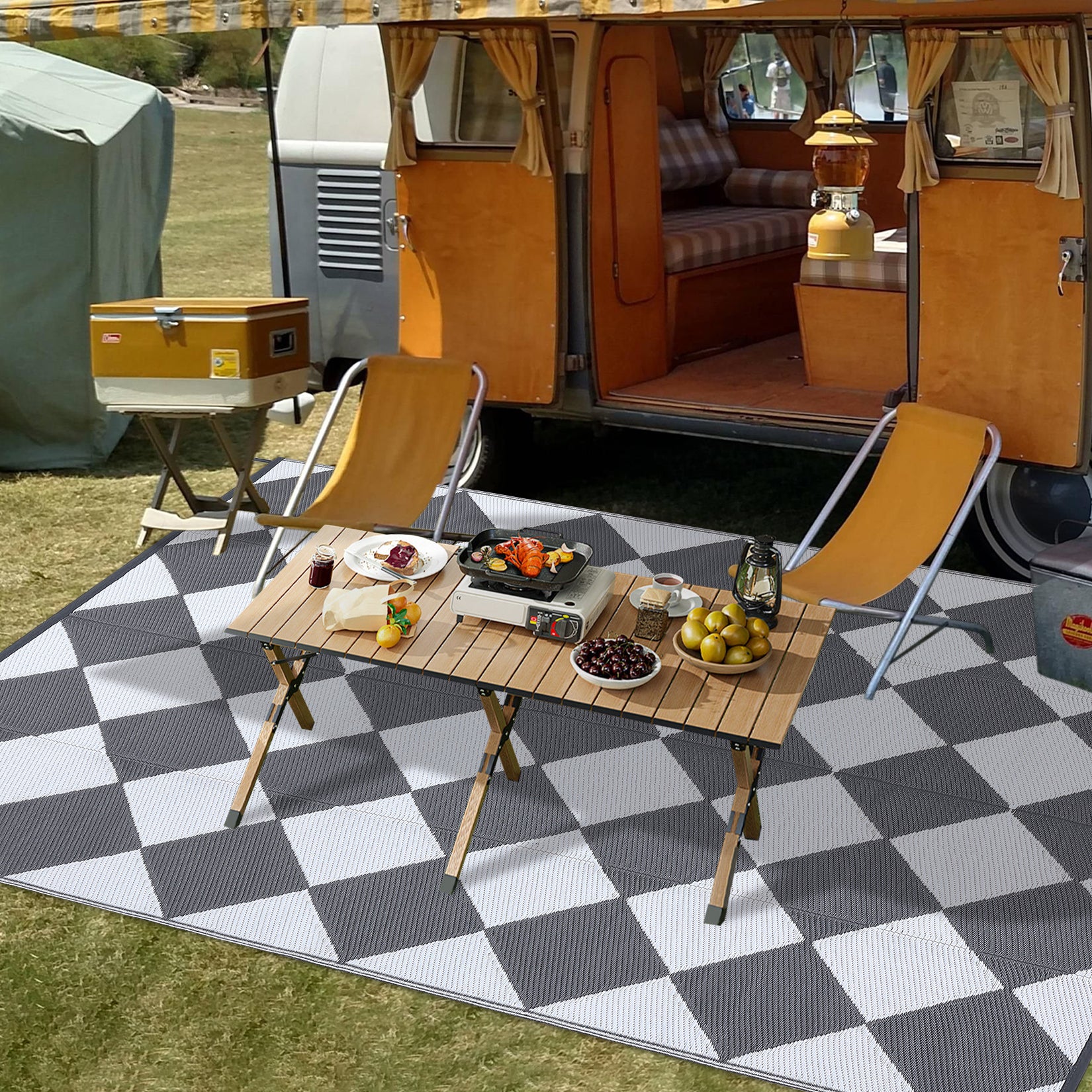 Garvee Outdoor Grey & White 5x8 Rug Outdoor Plastic Straw Rug Reversible Patio Rug Waterproof Camping Rug Portable Outdoor Mat for RV Porch Balcony Patio Camping Picnic Beach Outdoor Rugs