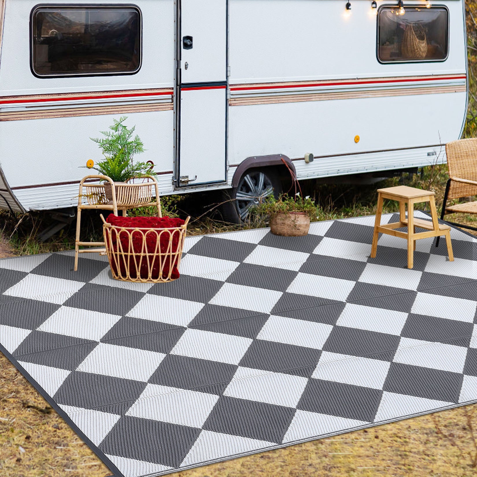 Garvee Outdoor Grey & White 5x8 Rug Outdoor Plastic Straw Rug Reversible Patio Rug Waterproof Camping Rug Portable Outdoor Mat for RV Porch Balcony Patio Camping Picnic Beach Outdoor Rugs
