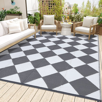 Garvee Outdoor Grey & White 5x8 Rug Outdoor Plastic Straw Rug Reversible Patio Rug Waterproof Camping Rug Portable Outdoor Mat for RV Porch Balcony Patio Camping Picnic Beach Outdoor Rugs