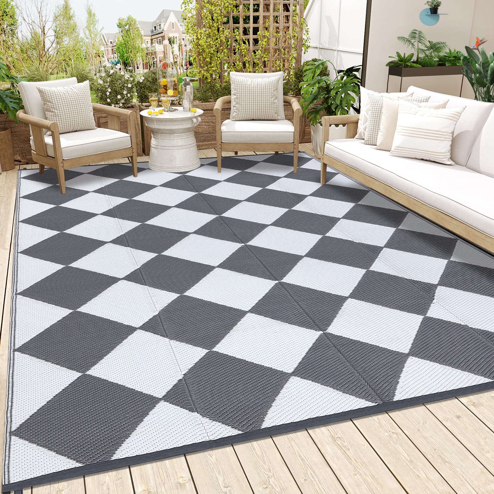 Garvee Outdoor Grey & White 5x8 Rug Outdoor Plastic Straw Rug Reversible Patio Rug Waterproof Camping Rug Portable Outdoor Mat for RV Porch Balcony Patio Camping Picnic Beach Outdoor Rugs