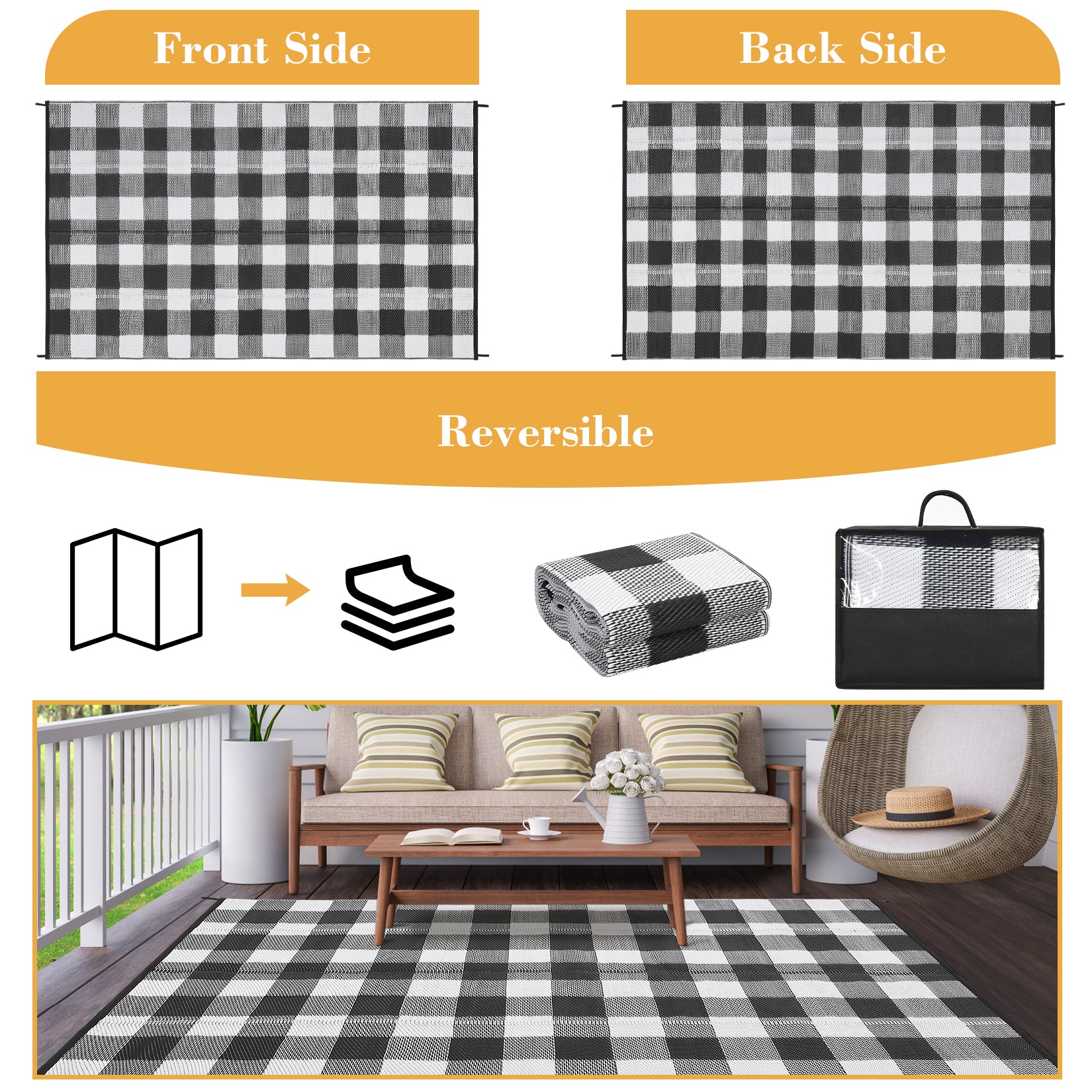 Garvee Outdoor Black & White 10x14 Rug, Outdoor Plastic Straw Rug for Camping, RV Mat Outside, Outdoor Carpet for Porch, Deck, Backyard, Balcony, Picnic