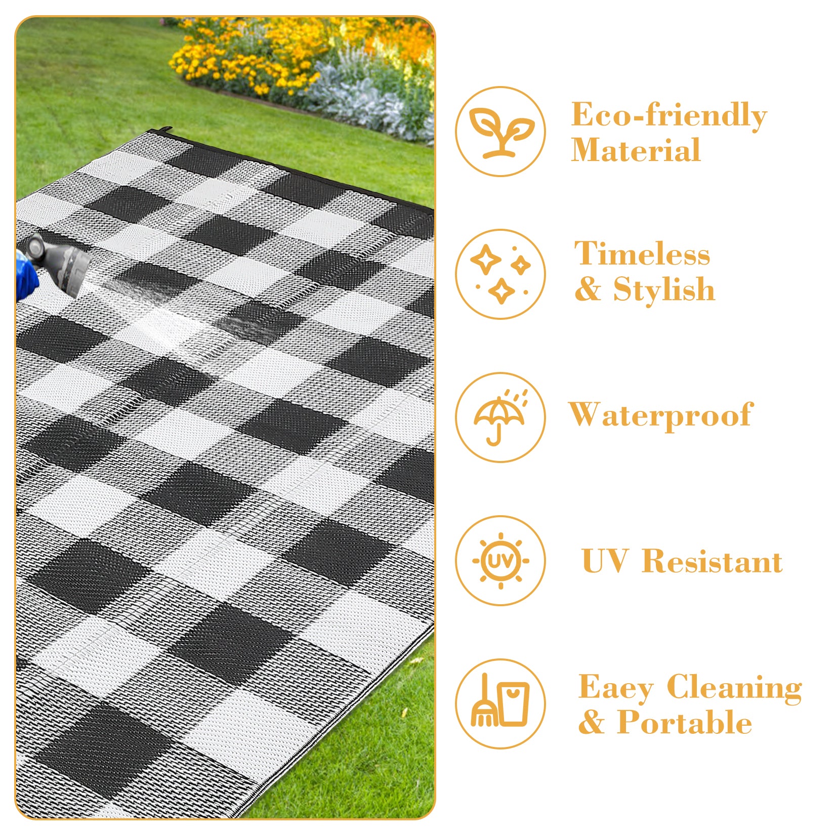 Garvee Outdoor Black & White 10x14 Rug, Outdoor Plastic Straw Rug for Camping, RV Mat Outside, Outdoor Carpet for Porch, Deck, Backyard, Balcony, Picnic
