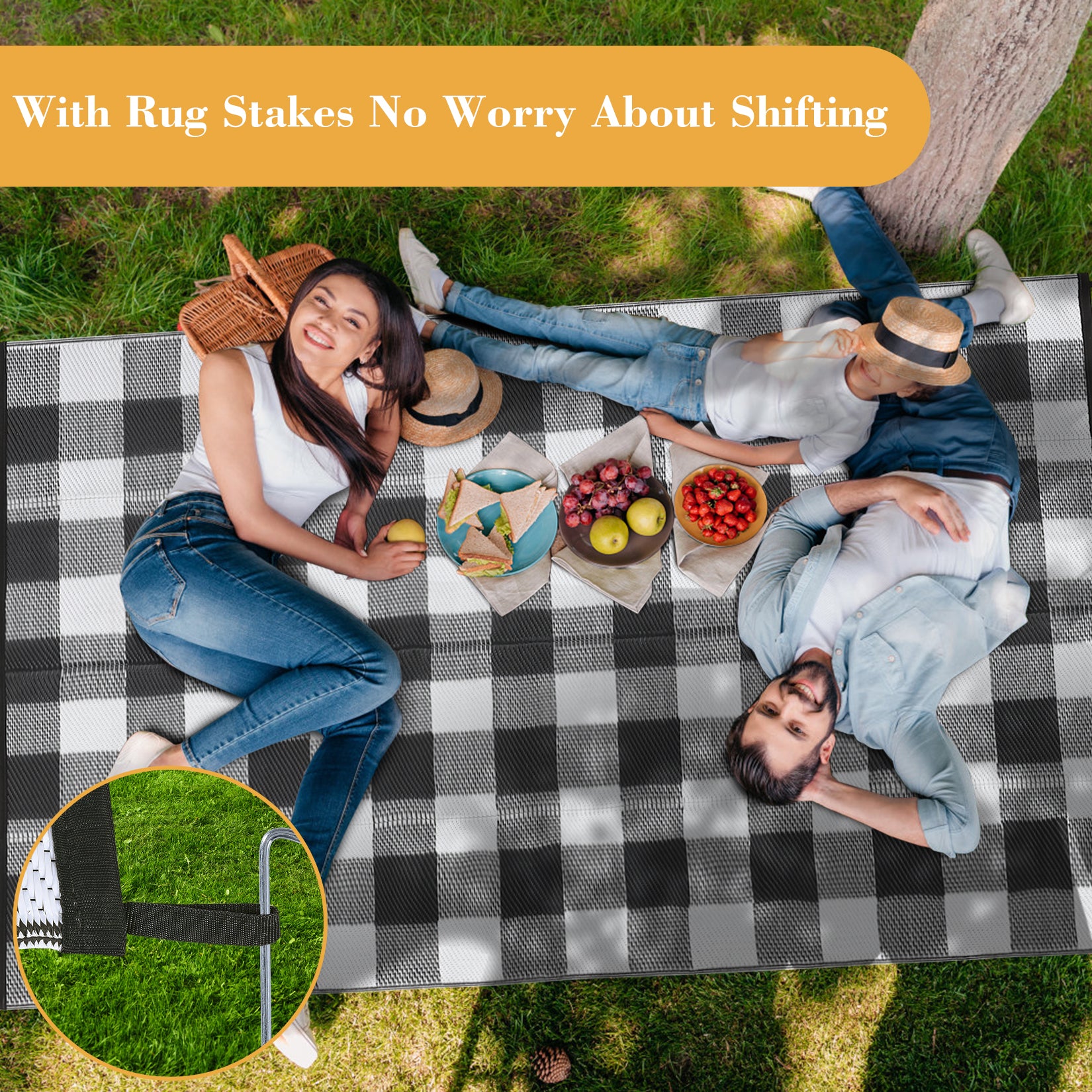 Garvee Outdoor Black & White 10x14 Rug, Outdoor Plastic Straw Rug for Camping, RV Mat Outside, Outdoor Carpet for Porch, Deck, Backyard, Balcony, Picnic