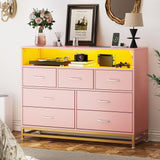 Garvee Pink Dresser for Bedroom, Modern 7 Drawers Long Dresser with Charging Station and LED Lights Design, Wooden Large Capacity Storage Chest of Drawers, Wide Dresser for Living Room, Hallway - Pink
