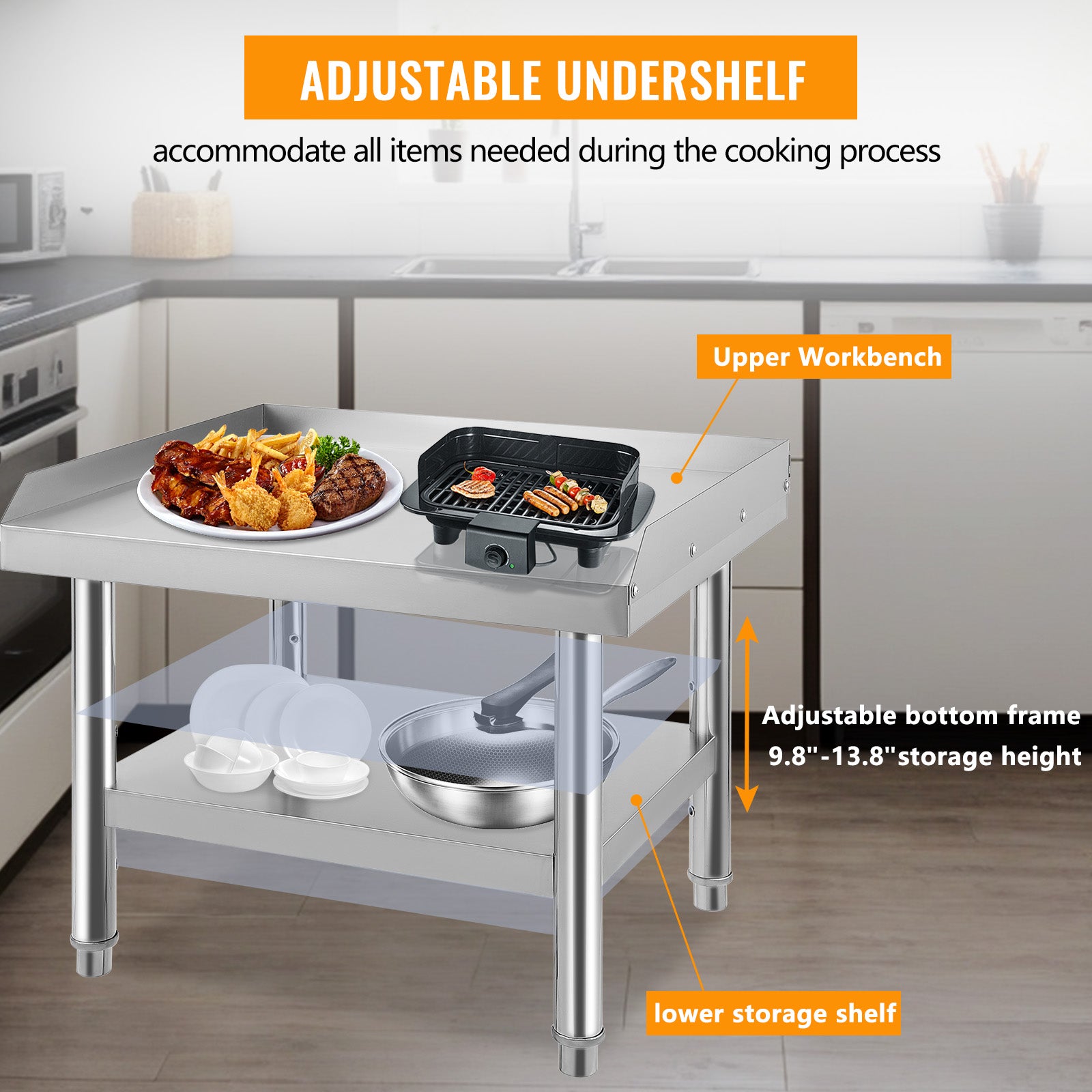 GARVEE 60"L x 30"W x 24"H Stainless Steel Grill Stand Table - Heavy-Duty, Adjustable Undershelf, Easy to Assemble, for Home and Commercial Kitchens