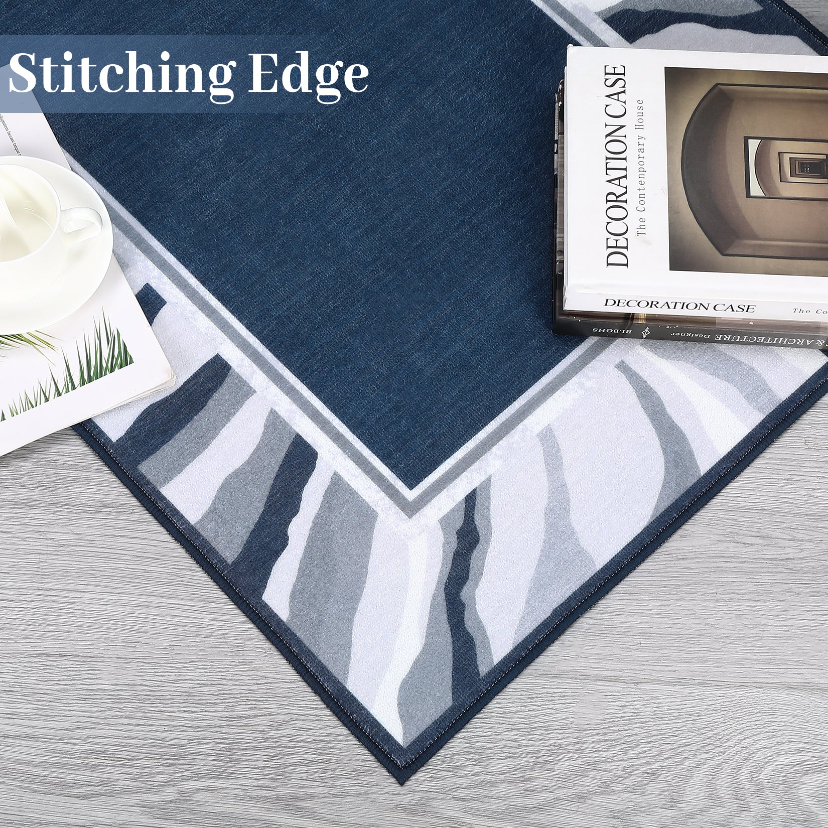 Garvee Modern Blue 9x12 Bordered Rug, Washable Low Pile Anti-Slip Carpet for Living Room & Bedroom | Foldable Indoor Office Use