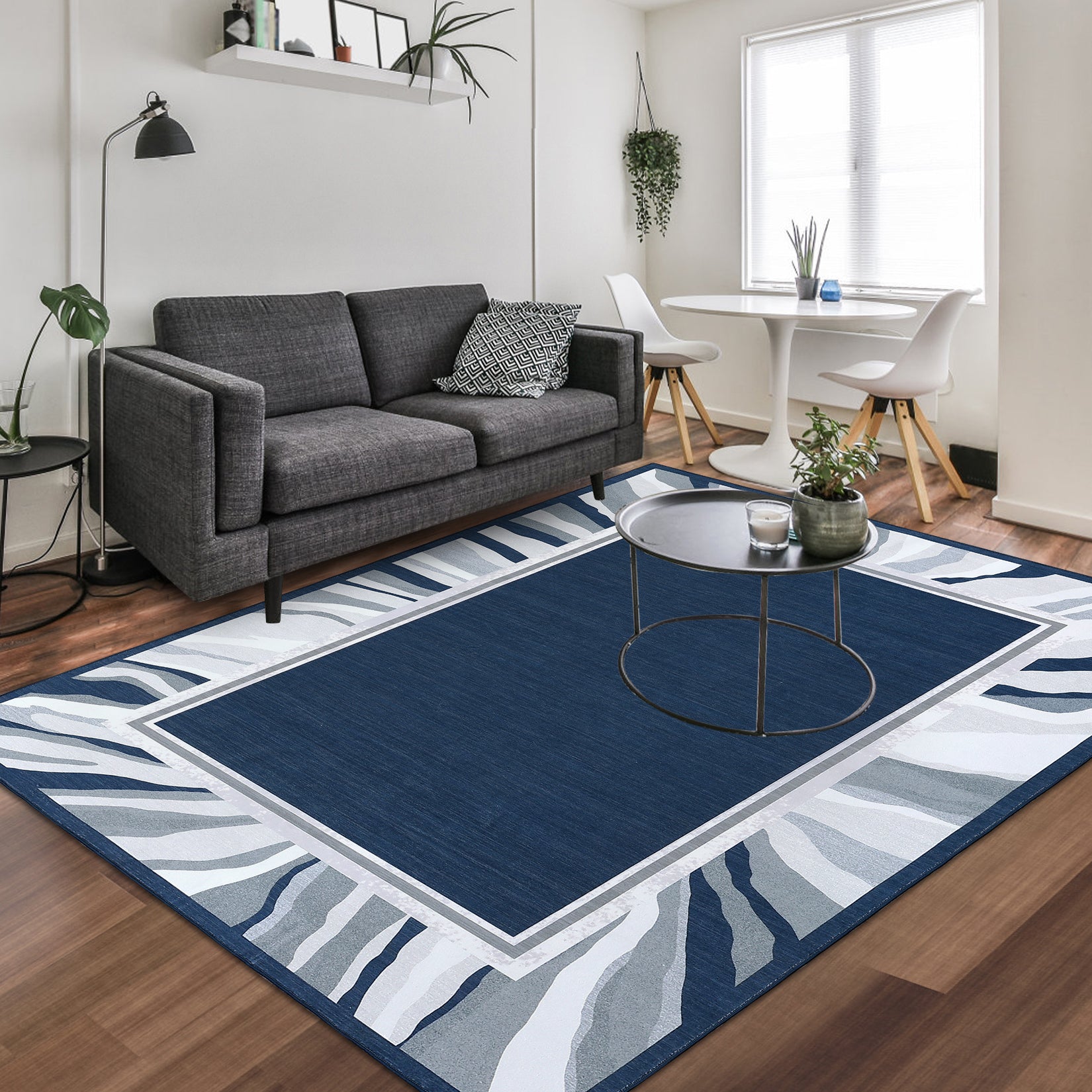 Garvee Modern Blue 9x12 Bordered Rug, Washable Low Pile Anti-Slip Carpet for Living Room & Bedroom | Foldable Indoor Office Use