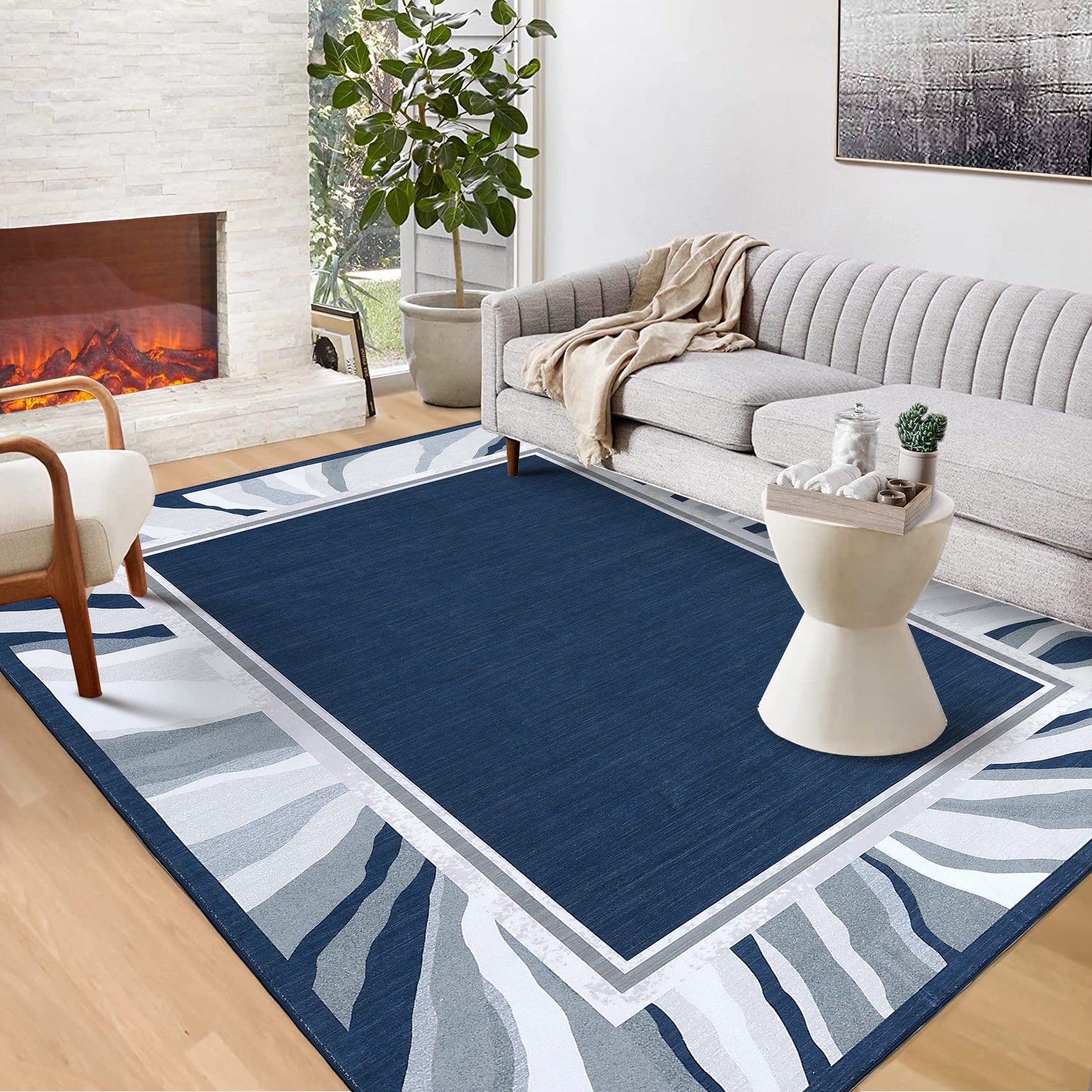 Garvee Modern Blue 9x12 Bordered Rug, Washable Low Pile Anti-Slip Carpet for Living Room & Bedroom | Foldable Indoor Office Use