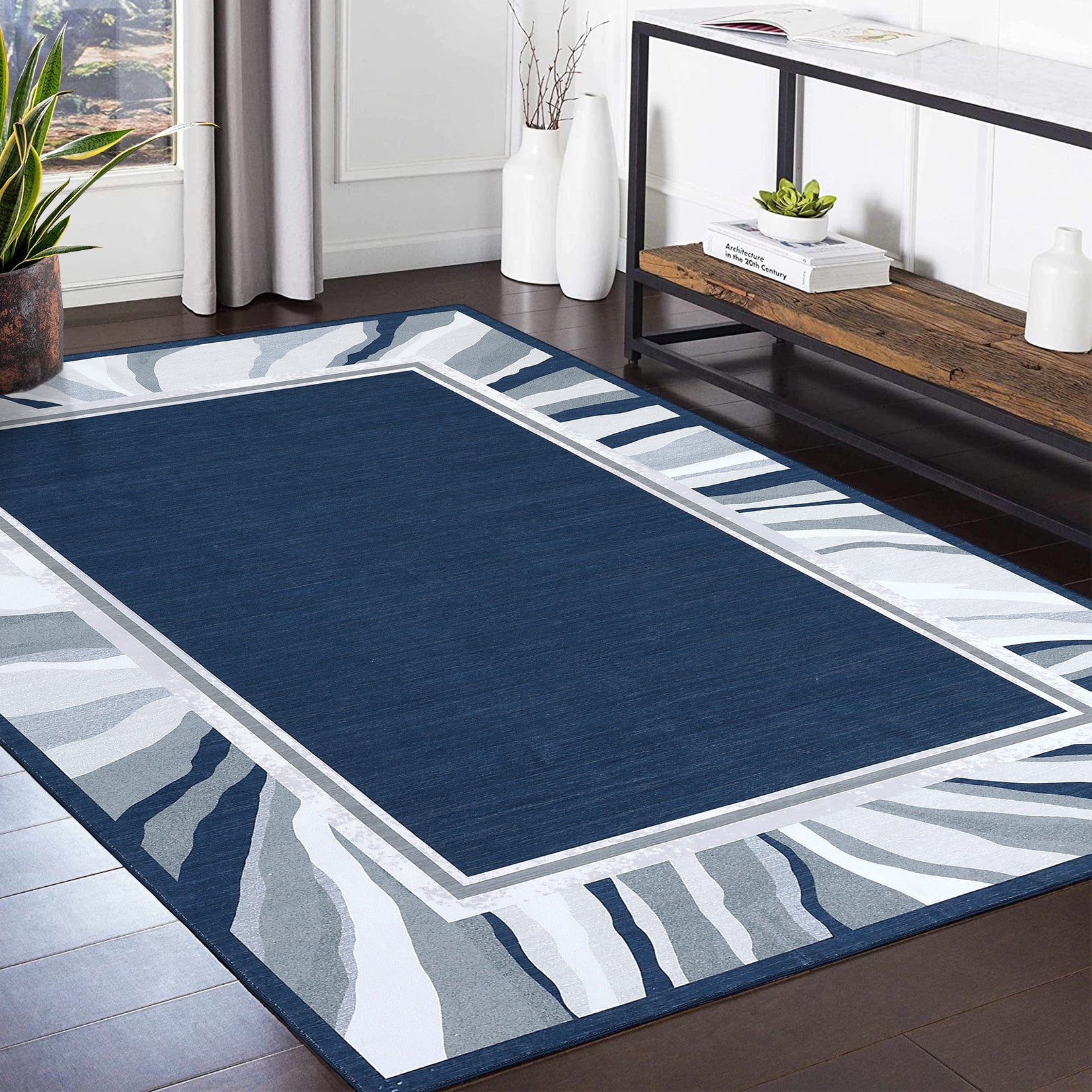 Garvee Modern Blue 9x12 Bordered Rug, Washable Low Pile Anti-Slip Carpet for Living Room & Bedroom | Foldable Indoor Office Use