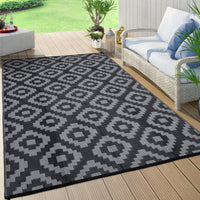 Garvee Outdoor Black & Grey 9x12 Rug for Patios Reversible Mats Waterproof Plastic Straw Rug Modern Geometric Floor Mat for Patio Porch RV Backyard Pool Deck Picnic Beach Trailer Camping