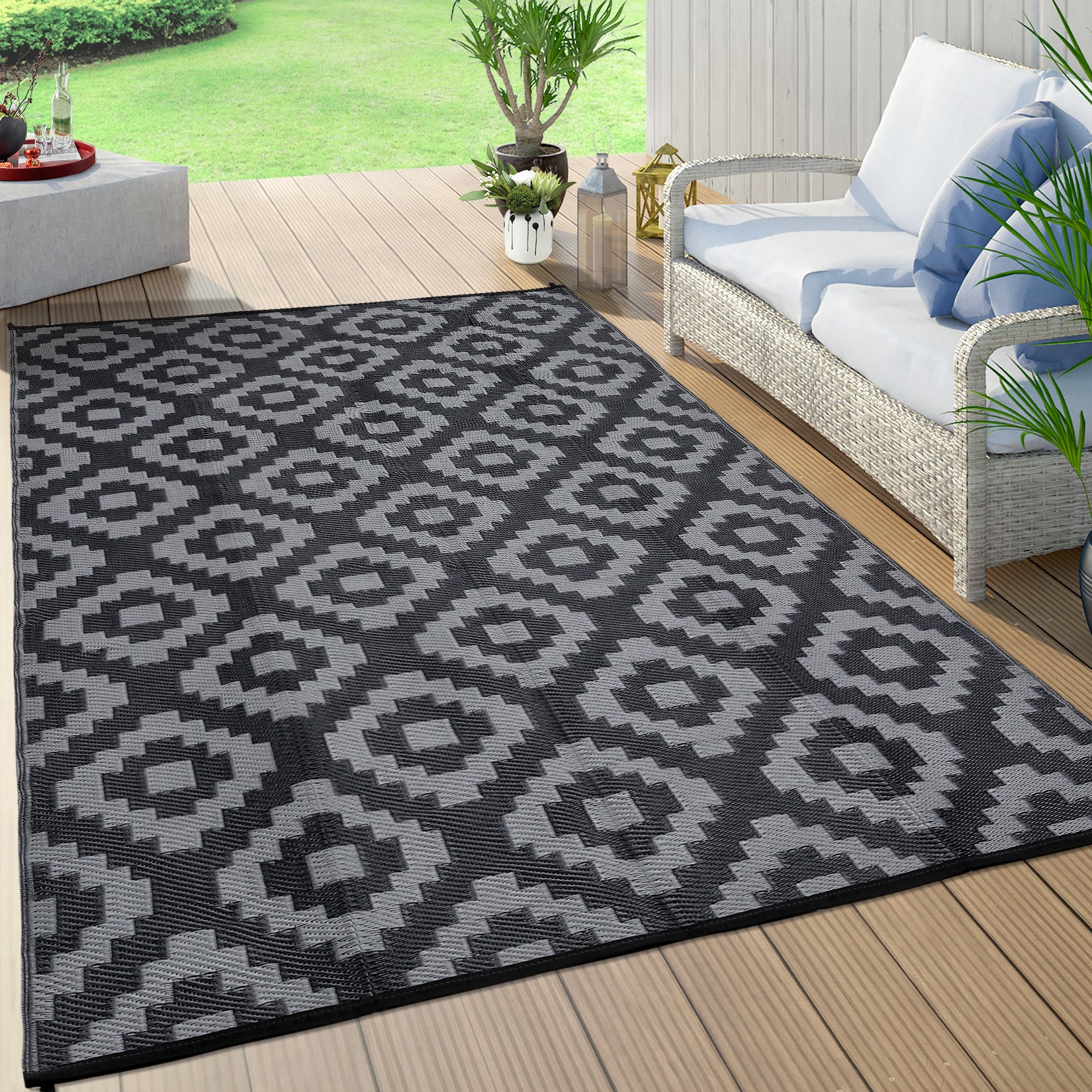 Garvee Outdoor Black & Grey 8x10 Rug Carpet Waterproof Plastic Straw Rug Reversible Patio Rug RV Camping Rug Outdoor Rugs Porch Rug Patio Rug Outside RV Mat Deck Balcony Picnic Beach Decor