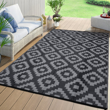 Garvee Outdoor Black & Grey 9x18 Rug for Patios Waterproof Reversible Mats Plastic Straw Rug Modern Geometric Floor Mat for Patio Porch RV Backyard Pool Deck Picnic Beach Trailer Camping Diamond