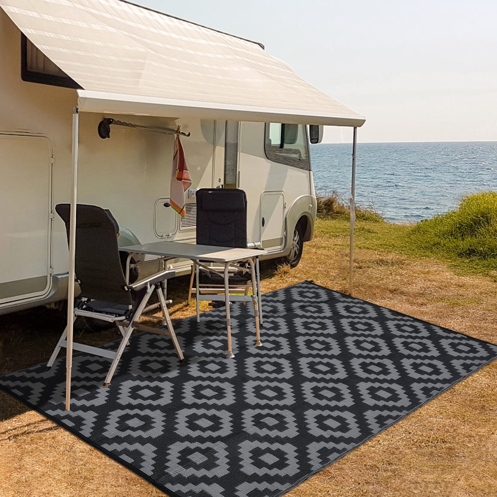 Garvee Outdoor Black & Grey 8x10 Rug Carpet Waterproof Plastic Straw Rug Reversible Patio Rug RV Camping Rug Outdoor Rugs Porch Rug Patio Rug Outside RV Mat Deck Balcony Picnic Beach Decor