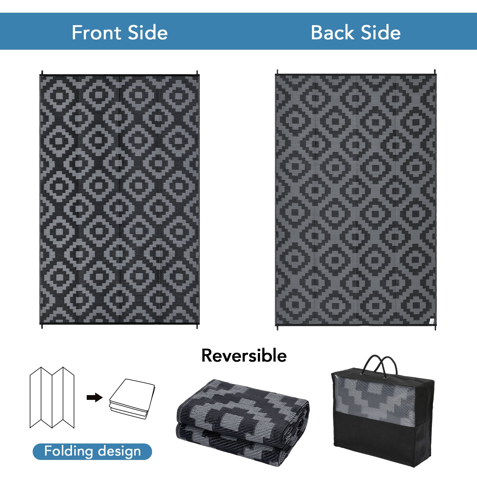 Garvee Outdoor Black & Grey 8x10 Rug Carpet Waterproof Plastic Straw Rug Reversible Patio Rug RV Camping Rug Outdoor Rugs Porch Rug Patio Rug Outside RV Mat Deck Balcony Picnic Beach Decor