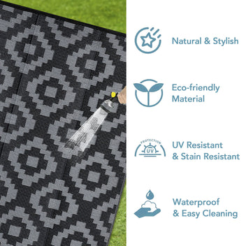 Garvee Outdoor Black & Grey 9x18 Rug for Patios Waterproof Reversible Mats Plastic Straw Rug Modern Geometric Floor Mat for Patio Porch RV Backyard Pool Deck Picnic Beach Trailer Camping Diamond