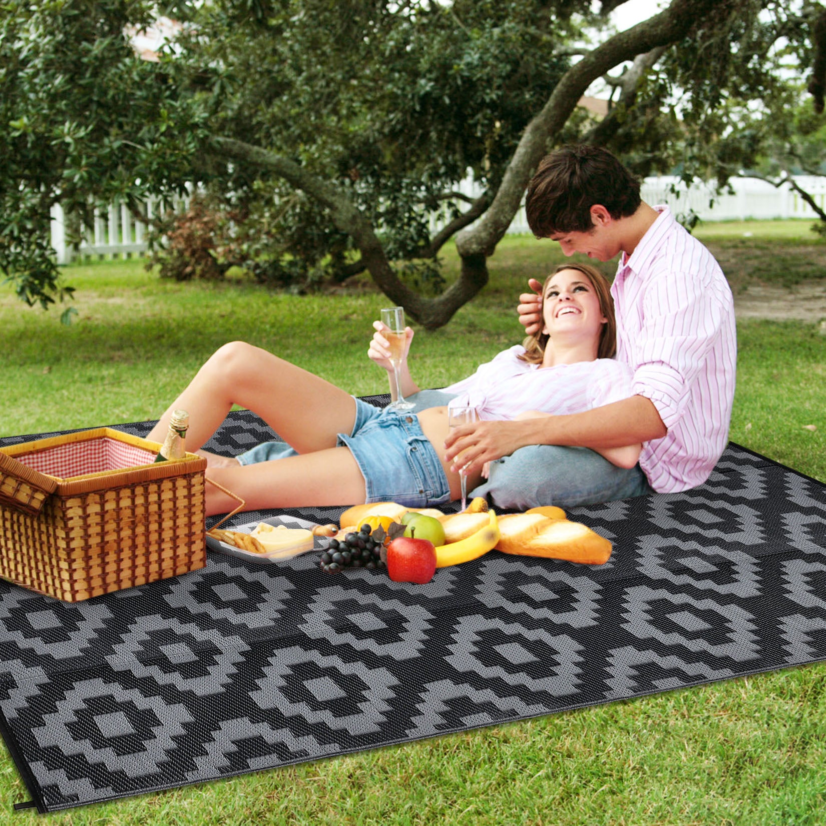 Garvee Outdoor Black & Grey 9x12 Rug for Patios Reversible Mats Waterproof Plastic Straw Rug Modern Geometric Floor Mat for Patio Porch RV Backyard Pool Deck Picnic Beach Trailer Camping