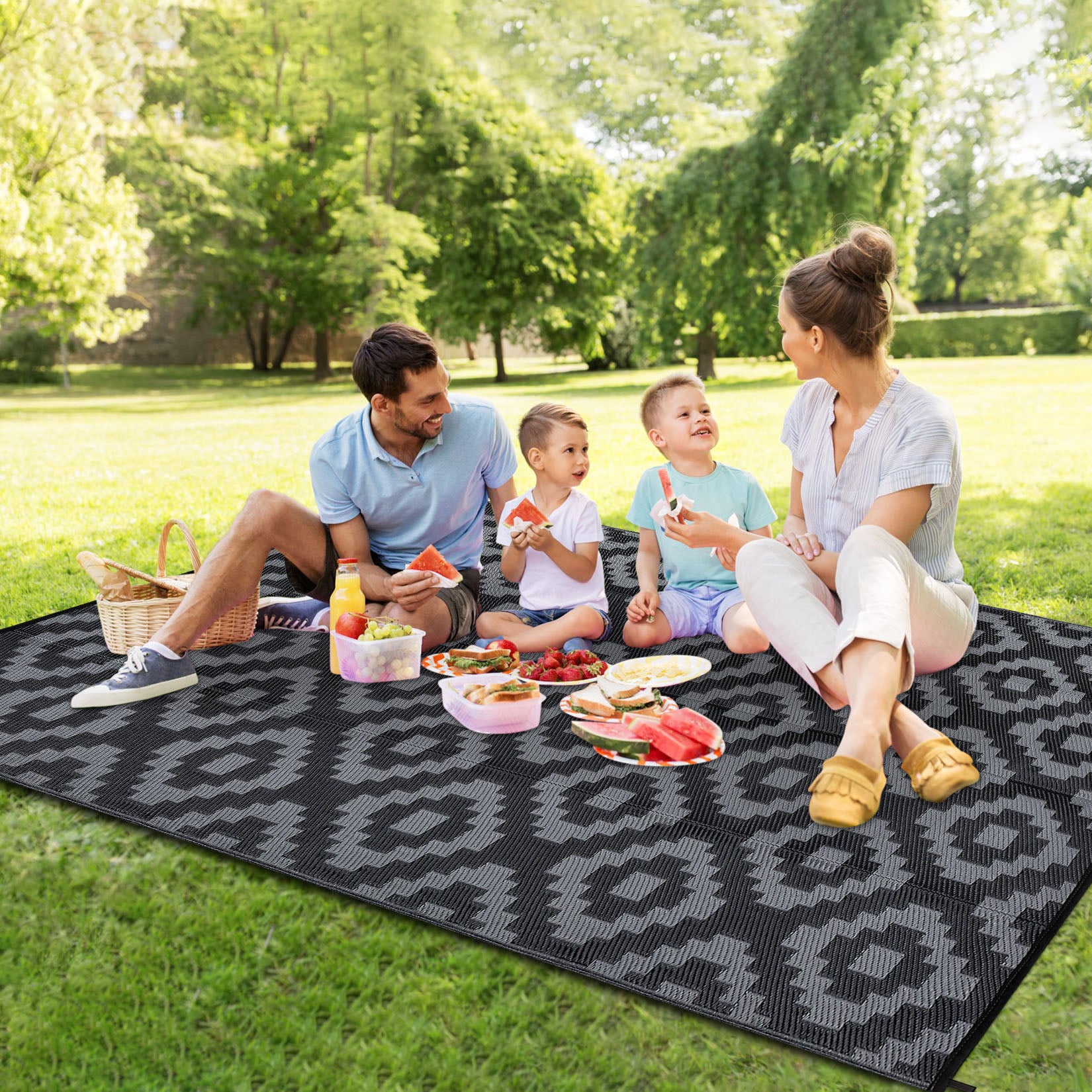 Garvee Outdoor Black & Grey 9x12 Rug for Patios Reversible Mats Waterproof Plastic Straw Rug Modern Geometric Floor Mat for Patio Porch RV Backyard Pool Deck Picnic Beach Trailer Camping