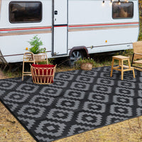 Garvee Outdoor Black & Grey 9x12 Rug for Patios Reversible Mats Waterproof Plastic Straw Rug Modern Geometric Floor Mat for Patio Porch RV Backyard Pool Deck Picnic Beach Trailer Camping