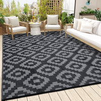 Garvee Outdoor Black & Grey 9x12 Rug for Patios Reversible Mats Waterproof Plastic Straw Rug Modern Geometric Floor Mat for Patio Porch RV Backyard Pool Deck Picnic Beach Trailer Camping