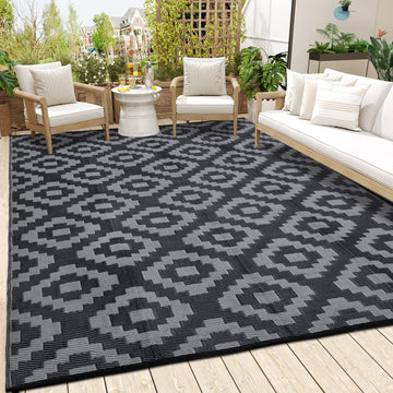 Garvee Outdoor Black & Grey 9x12 Rug for Patios Reversible Mats Waterproof Plastic Straw Rug Modern Geometric Floor Mat for Patio Porch RV Backyard Pool Deck Picnic Beach Trailer Camping