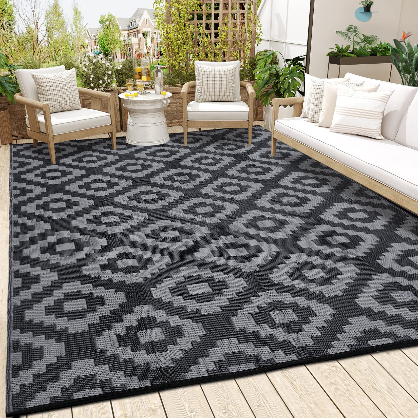 Garvee Outdoor Black & Grey 8x10 Rug Carpet Waterproof Plastic Straw Rug Reversible Patio Rug RV Camping Rug Outdoor Rugs Porch Rug Patio Rug Outside RV Mat Deck Balcony Picnic Beach Decor