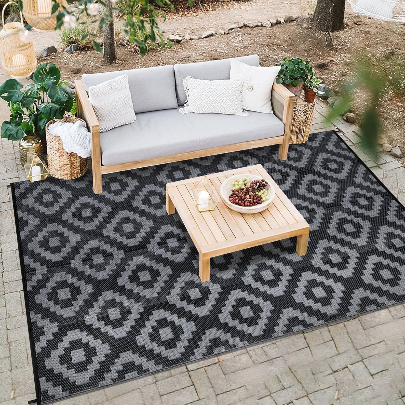 Garvee Outdoor Black & Grey 8x10 Rug Carpet Waterproof Plastic Straw Rug Reversible Patio Rug RV Camping Rug Outdoor Rugs Porch Rug Patio Rug Outside RV Mat Deck Balcony Picnic Beach Decor