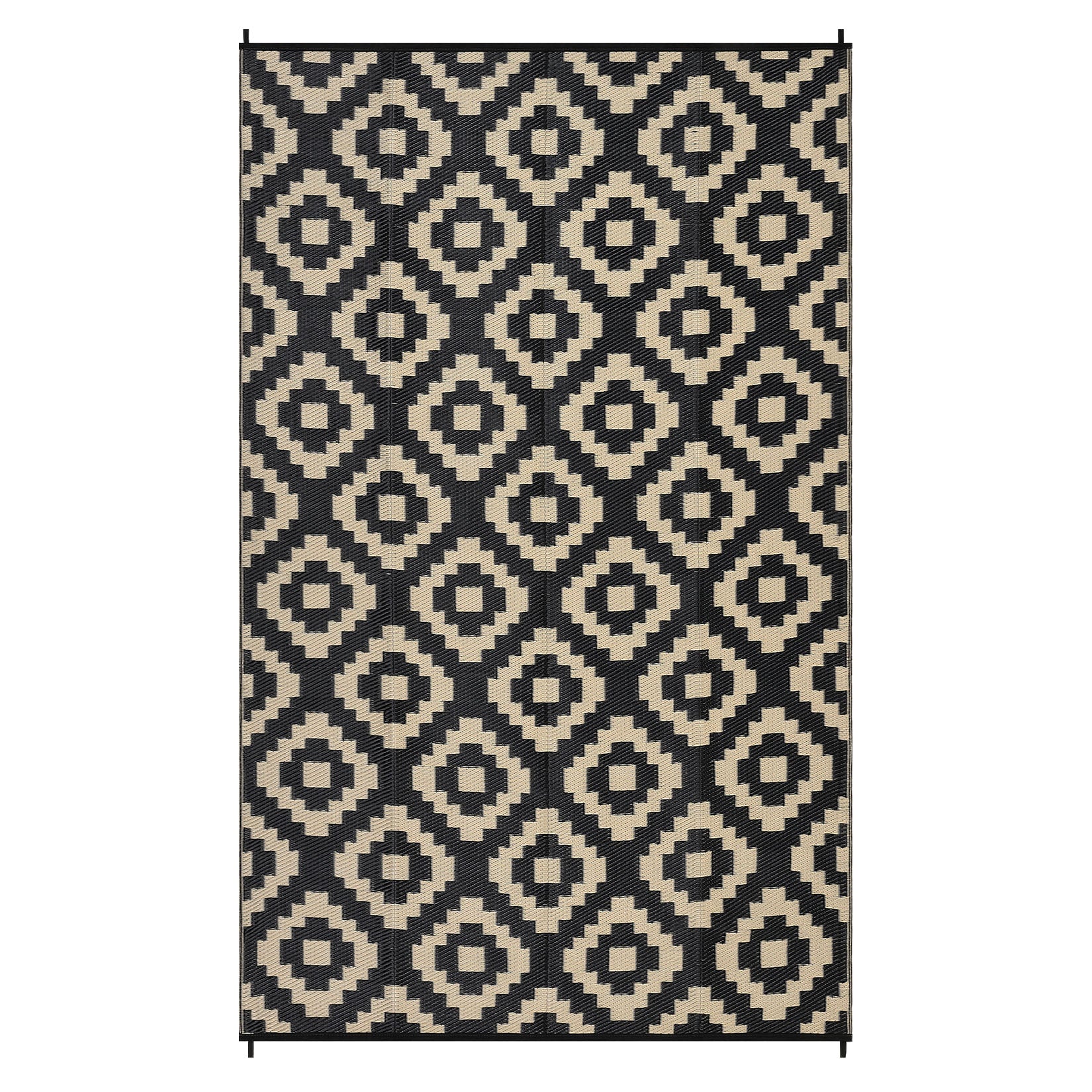 Garvee Outdoor Black & Coffee 9x18 Rug for Patios Waterproof Reversible Mats Plastic Straw Rug Modern Geometric Floor Mat for Patio Porch RV Backyard Pool Deck Picnic Beach Trailer Camping Diamond