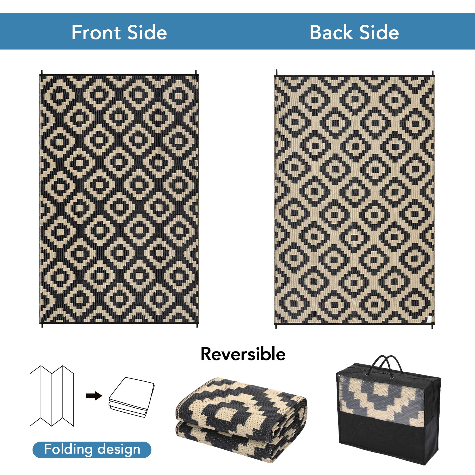 Garvee Outdoor Black & Coffee 9x18 Rug for Patios Waterproof Reversible Mats Plastic Straw Rug Modern Geometric Floor Mat for Patio Porch RV Backyard Pool Deck Picnic Beach Trailer Camping Diamond