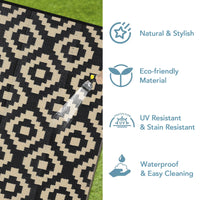 Garvee Outdoor Black & Coffee 9x18 Rug for Patios Waterproof Reversible Mats Plastic Straw Rug Modern Geometric Floor Mat for Patio Porch RV Backyard Pool Deck Picnic Beach Trailer Camping Diamond
