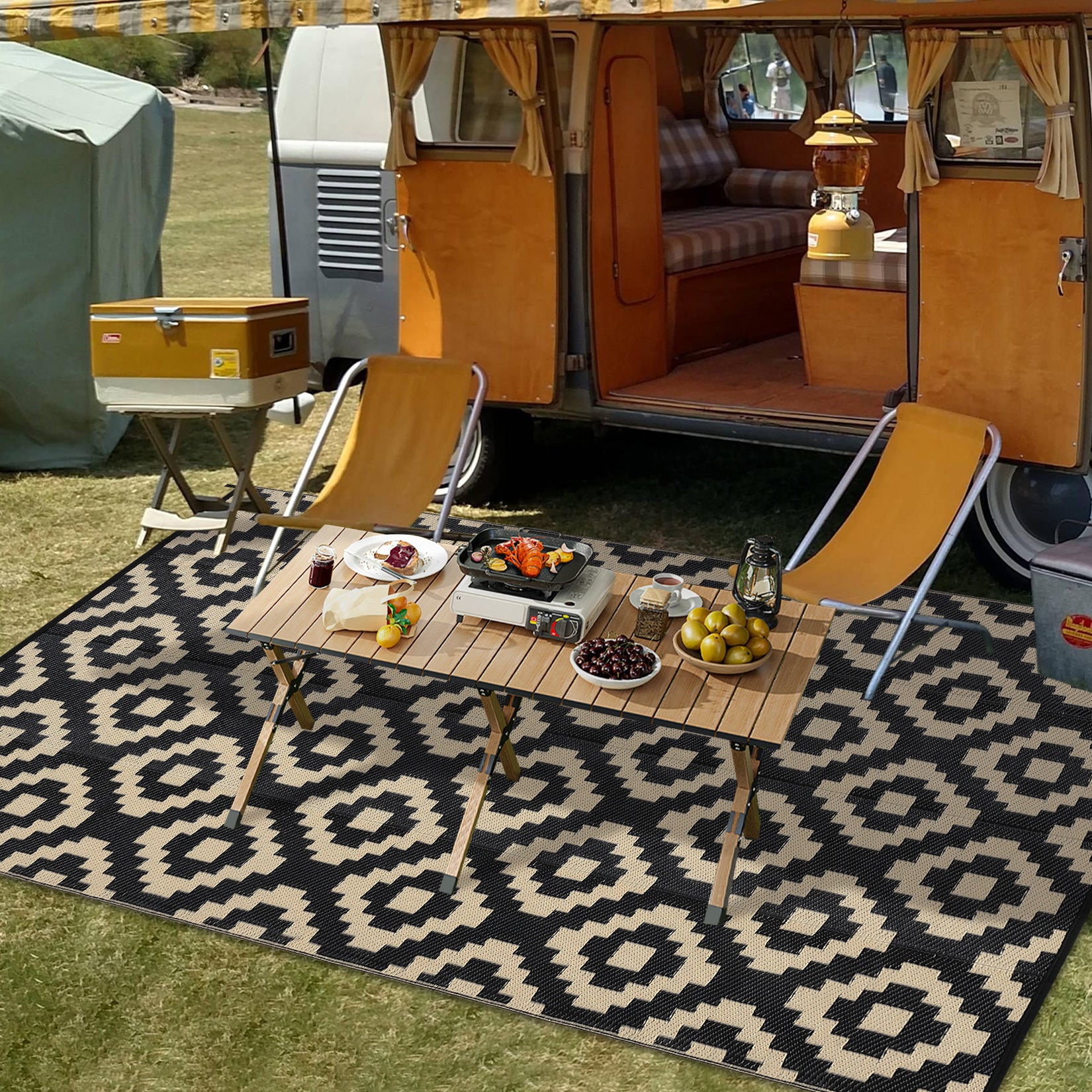 Garvee Outdoor Black & Coffee 9x18 Rug for Patios Waterproof Reversible Mats Plastic Straw Rug Modern Geometric Floor Mat for Patio Porch RV Backyard Pool Deck Picnic Beach Trailer Camping Diamond