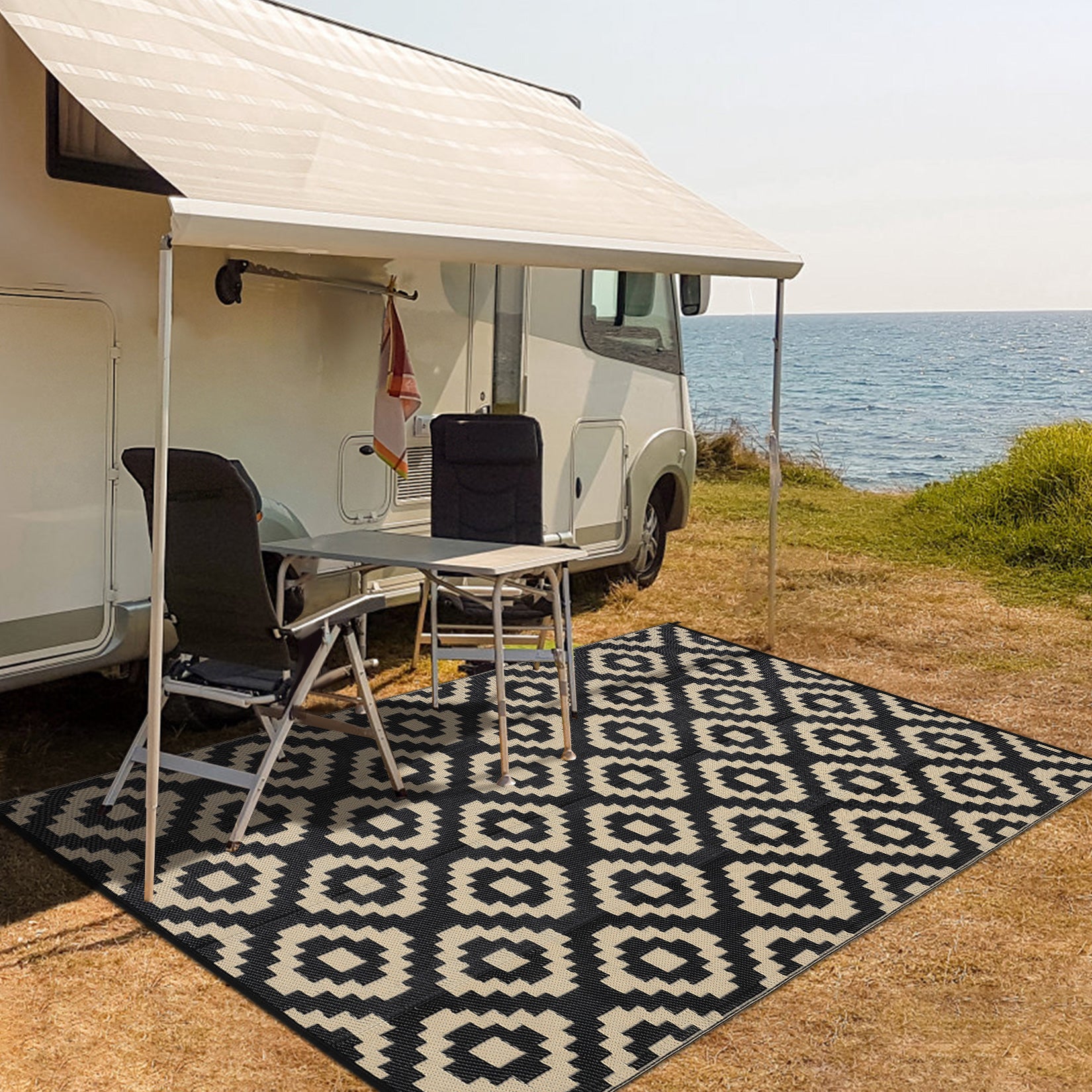 Garvee Outdoor Black & Coffee 9x18 Rug for Patios Waterproof Reversible Mats Plastic Straw Rug Modern Geometric Floor Mat for Patio Porch RV Backyard Pool Deck Picnic Beach Trailer Camping Diamond