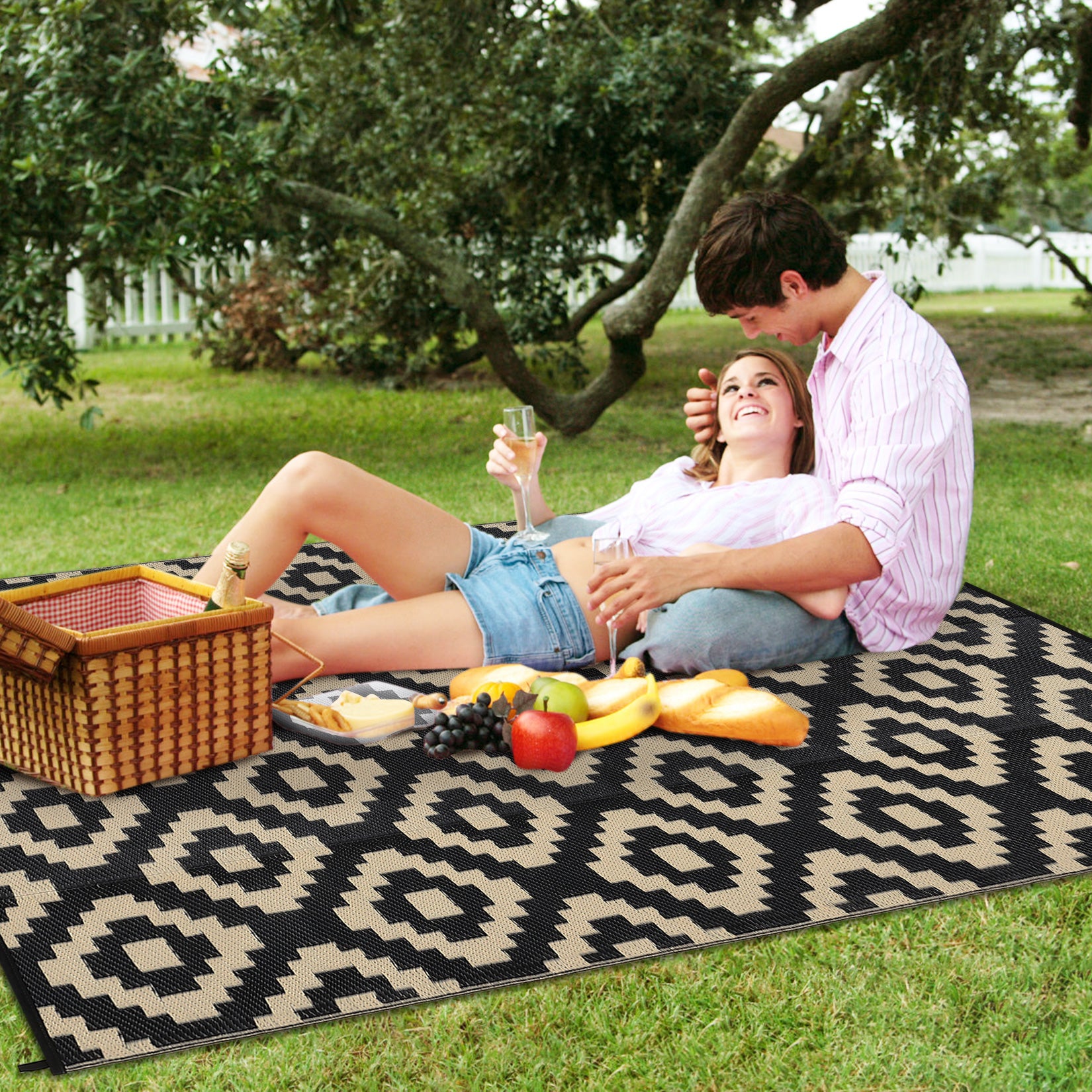 Garvee Outdoor Black & Coffee 9x18 Rug for Patios Waterproof Reversible Mats Plastic Straw Rug Modern Geometric Floor Mat for Patio Porch RV Backyard Pool Deck Picnic Beach Trailer Camping Diamond