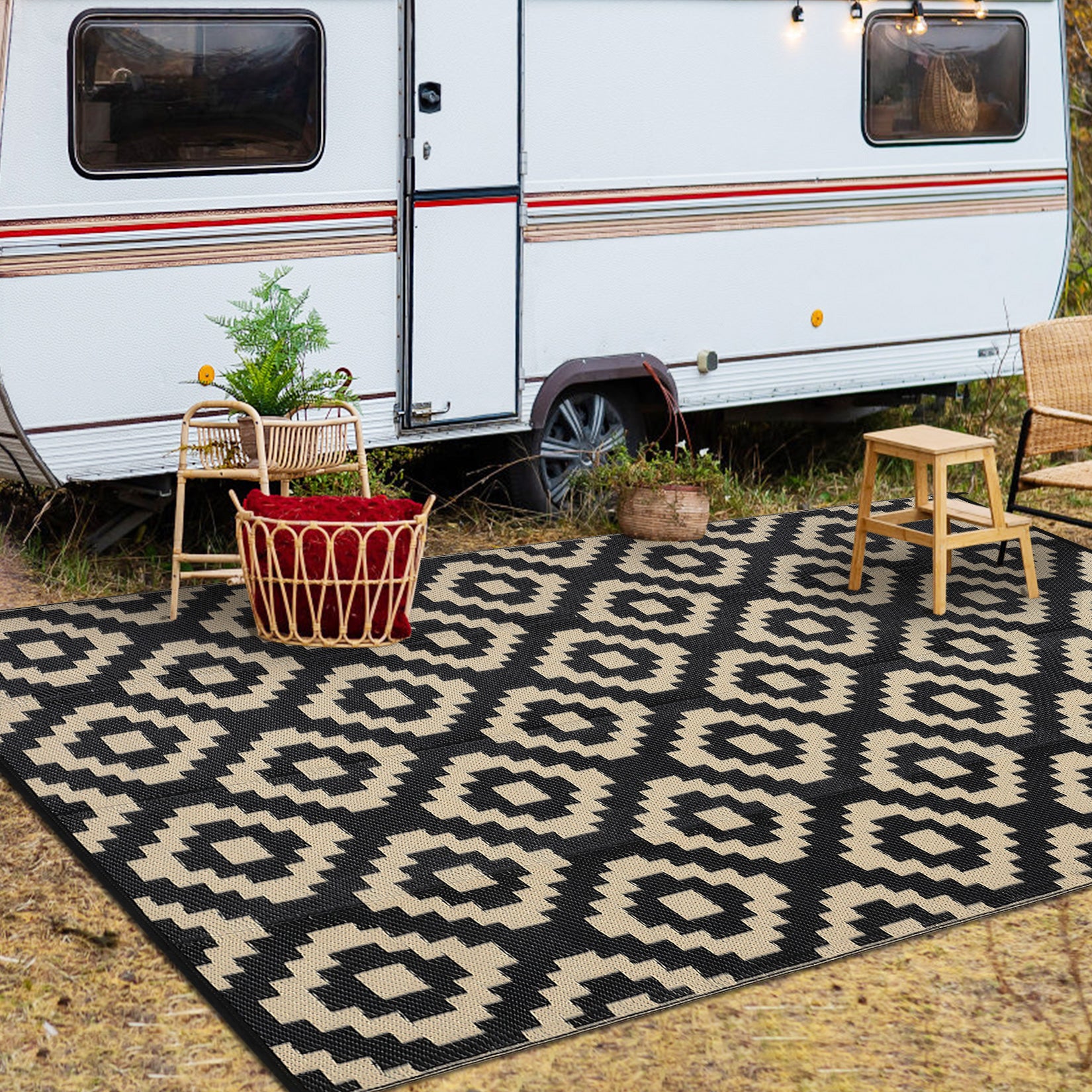 Garvee Outdoor Black & Coffee 9x18 Rug for Patios Waterproof Reversible Mats Plastic Straw Rug Modern Geometric Floor Mat for Patio Porch RV Backyard Pool Deck Picnic Beach Trailer Camping Diamond