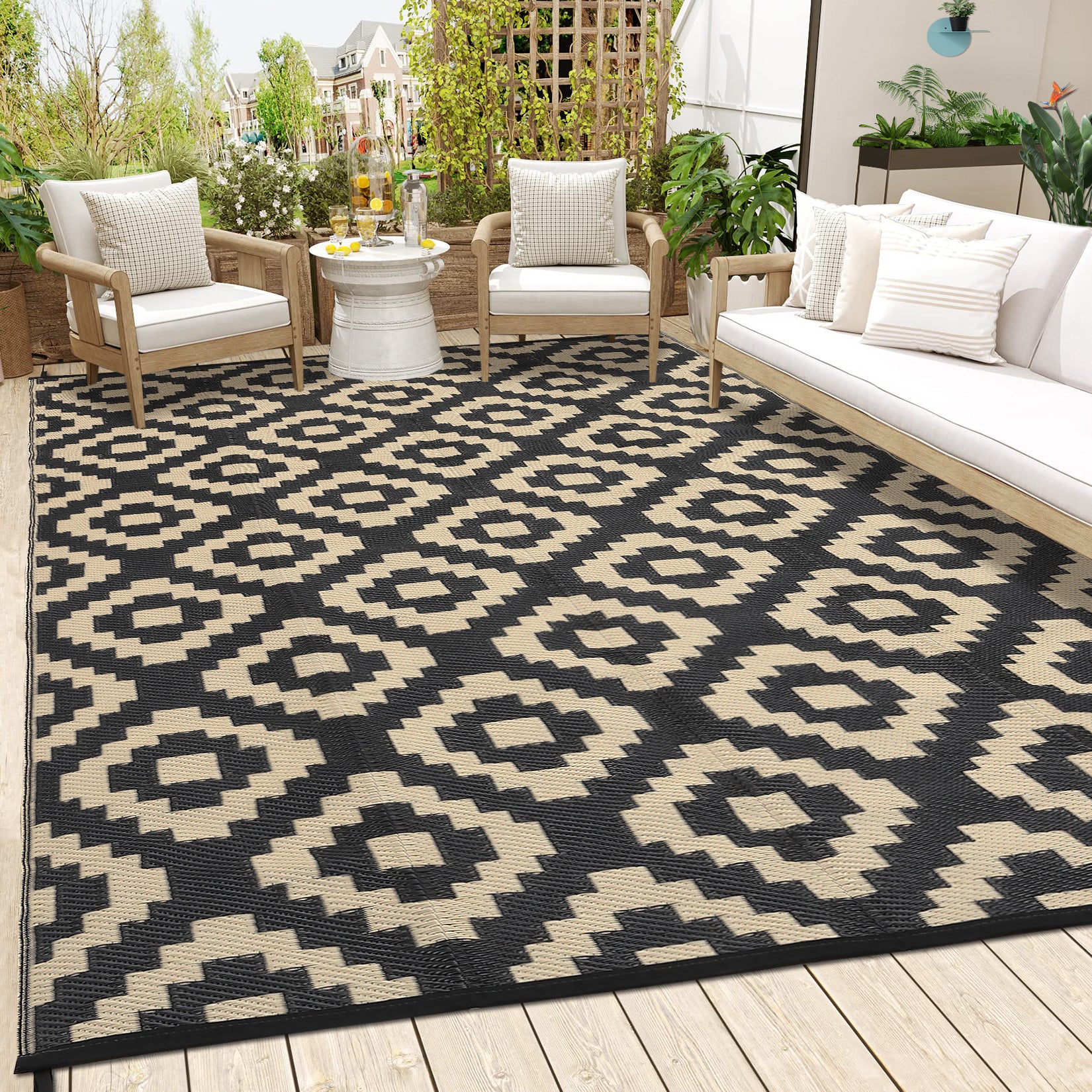 Garvee Outdoor Black & Coffee 9x18 Rug for Patios Waterproof Reversible Mats Plastic Straw Rug Modern Geometric Floor Mat for Patio Porch RV Backyard Pool Deck Picnic Beach Trailer Camping Diamond