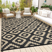 Garvee Outdoor Black & Coffee 9x18 Rug for Patios Waterproof Reversible Mats Plastic Straw Rug Modern Geometric Floor Mat for Patio Porch RV Backyard Pool Deck Picnic Beach Trailer Camping Diamond