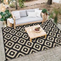 Garvee Outdoor Black & Coffee 9x18 Rug for Patios Waterproof Reversible Mats Plastic Straw Rug Modern Geometric Floor Mat for Patio Porch RV Backyard Pool Deck Picnic Beach Trailer Camping Diamond