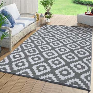 Garvee Outdoor Grey & White 9x18 Rug for Patios Waterproof Reversible Mats Plastic Straw Rug Modern Geometric Floor Mat for Patio Porch RV Backyard Pool Deck Picnic Beach Trailer Camping