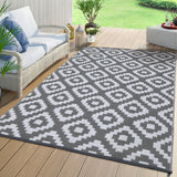 Garvee Outdoor Grey & White 9x18 Rug for Patios Waterproof Reversible Mats Plastic Straw Rug Modern Geometric Floor Mat for Patio Porch RV Backyard Pool Deck Picnic Beach Trailer Camping - Gray & White