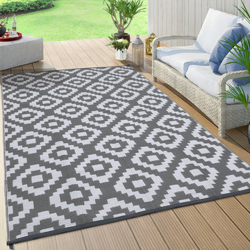 Garvee Outdoor Grey & White 9x18 Rug for Patios Waterproof Reversible Mats Plastic Straw Rug Modern Geometric Floor Mat for Patio Porch RV Backyard Pool Deck Picnic Beach Trailer Camping