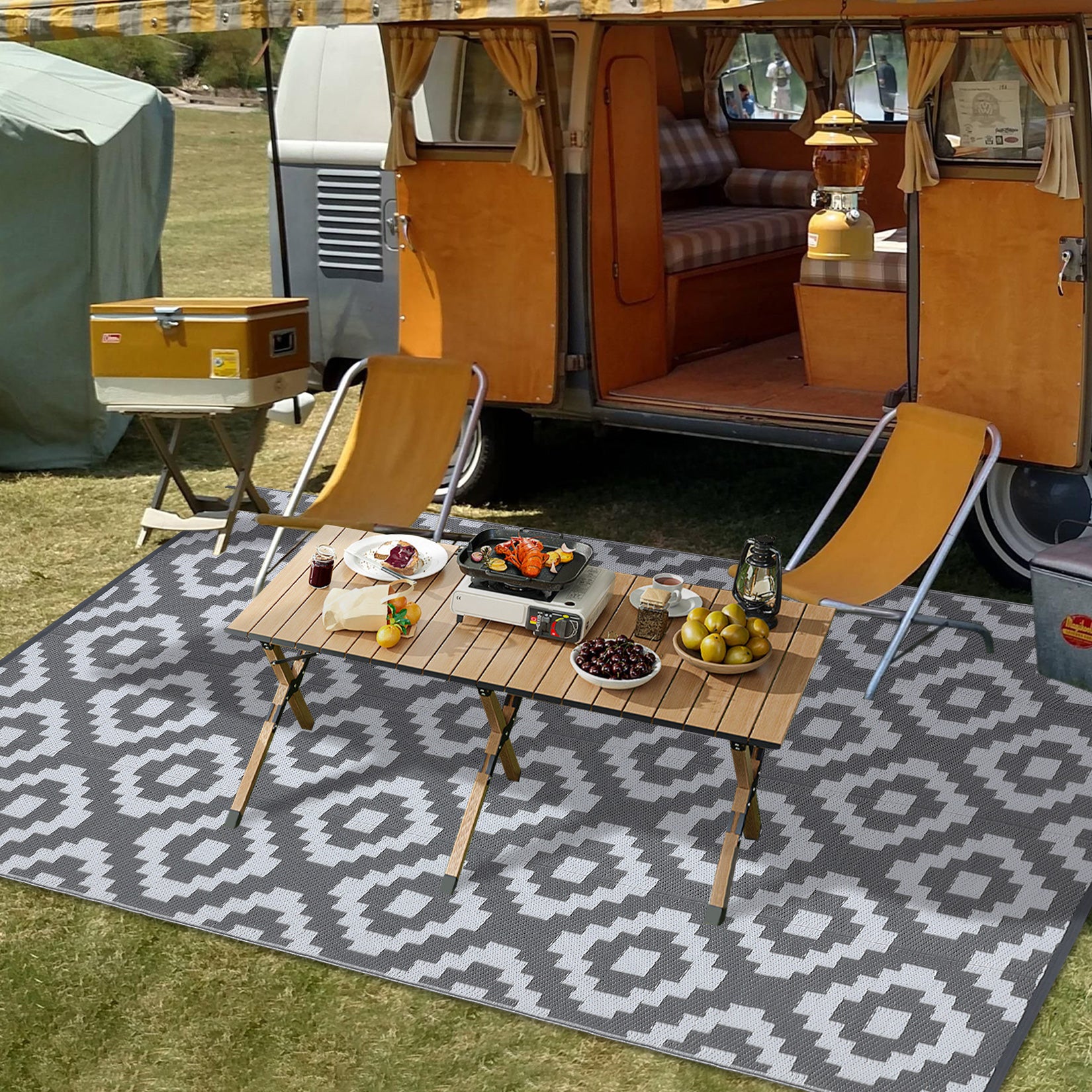 Garvee Outdoor Grey & White 9x18 Rug for Patios Waterproof Reversible Mats Plastic Straw Rug Modern Geometric Floor Mat for Patio Porch RV Backyard Pool Deck Picnic Beach Trailer Camping