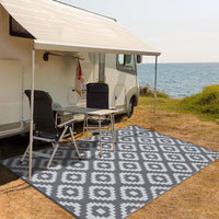 Garvee Outdoor Grey & White 9x18 Rug for Patios Waterproof Reversible Mats Plastic Straw Rug Modern Geometric Floor Mat for Patio Porch RV Backyard Pool Deck Picnic Beach Trailer Camping