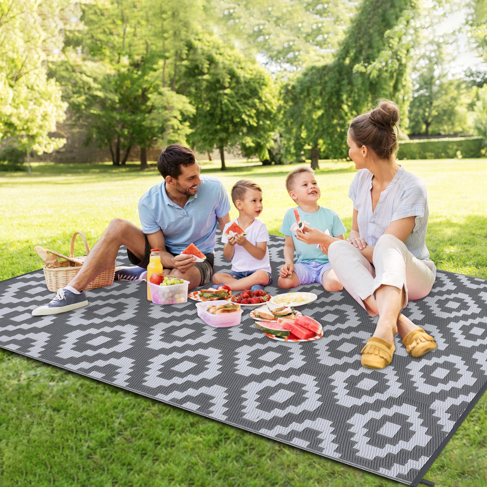 Garvee Outdoor Grey & White 9x18 Rug for Patios Waterproof Reversible Mats Plastic Straw Rug Modern Geometric Floor Mat for Patio Porch RV Backyard Pool Deck Picnic Beach Trailer Camping
