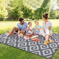 Garvee Outdoor Grey & White 9x18 Rug for Patios Waterproof Reversible Mats Plastic Straw Rug Modern Geometric Floor Mat for Patio Porch RV Backyard Pool Deck Picnic Beach Trailer Camping